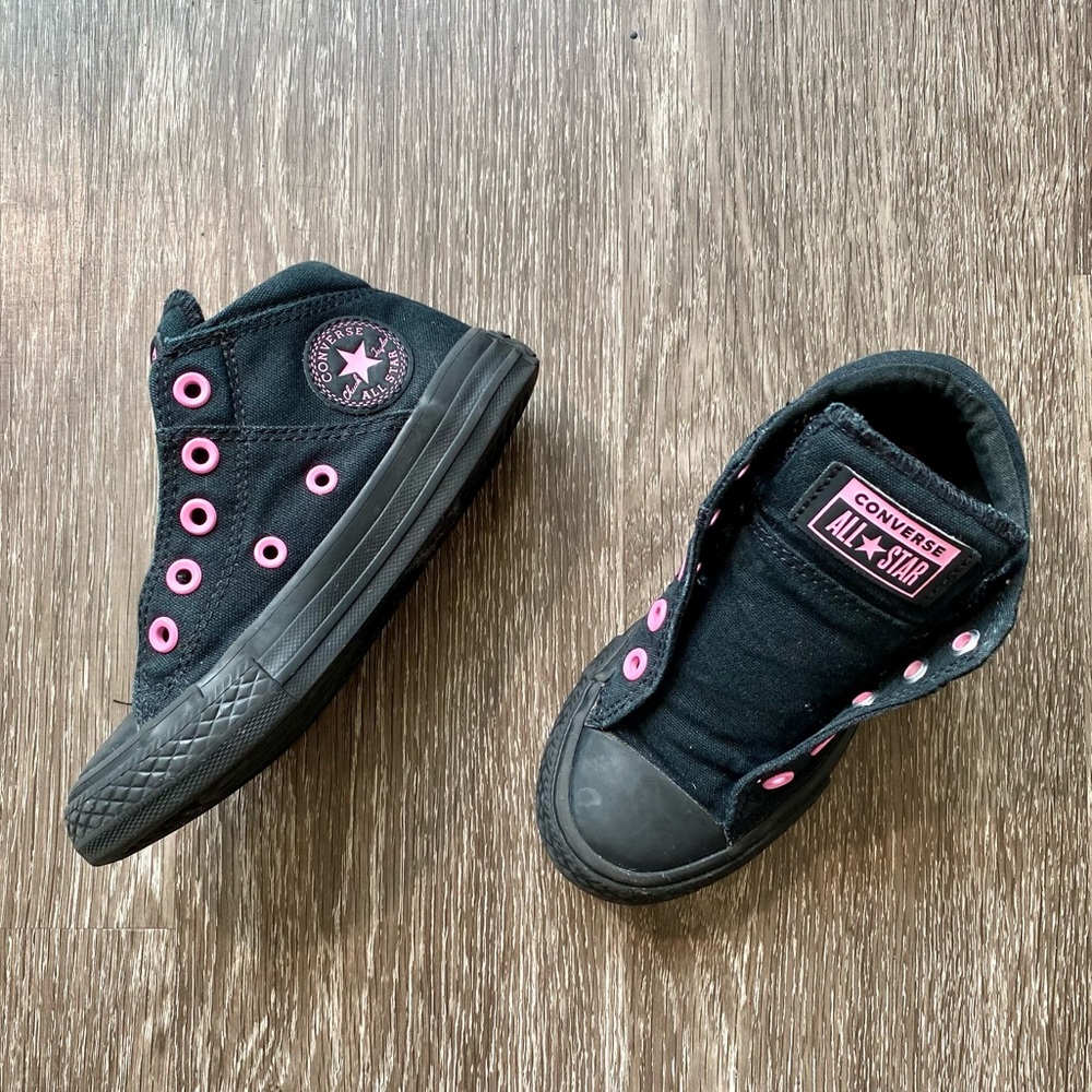 Converse High tops. All black w/pink details. 11 - Picture 4 of 13